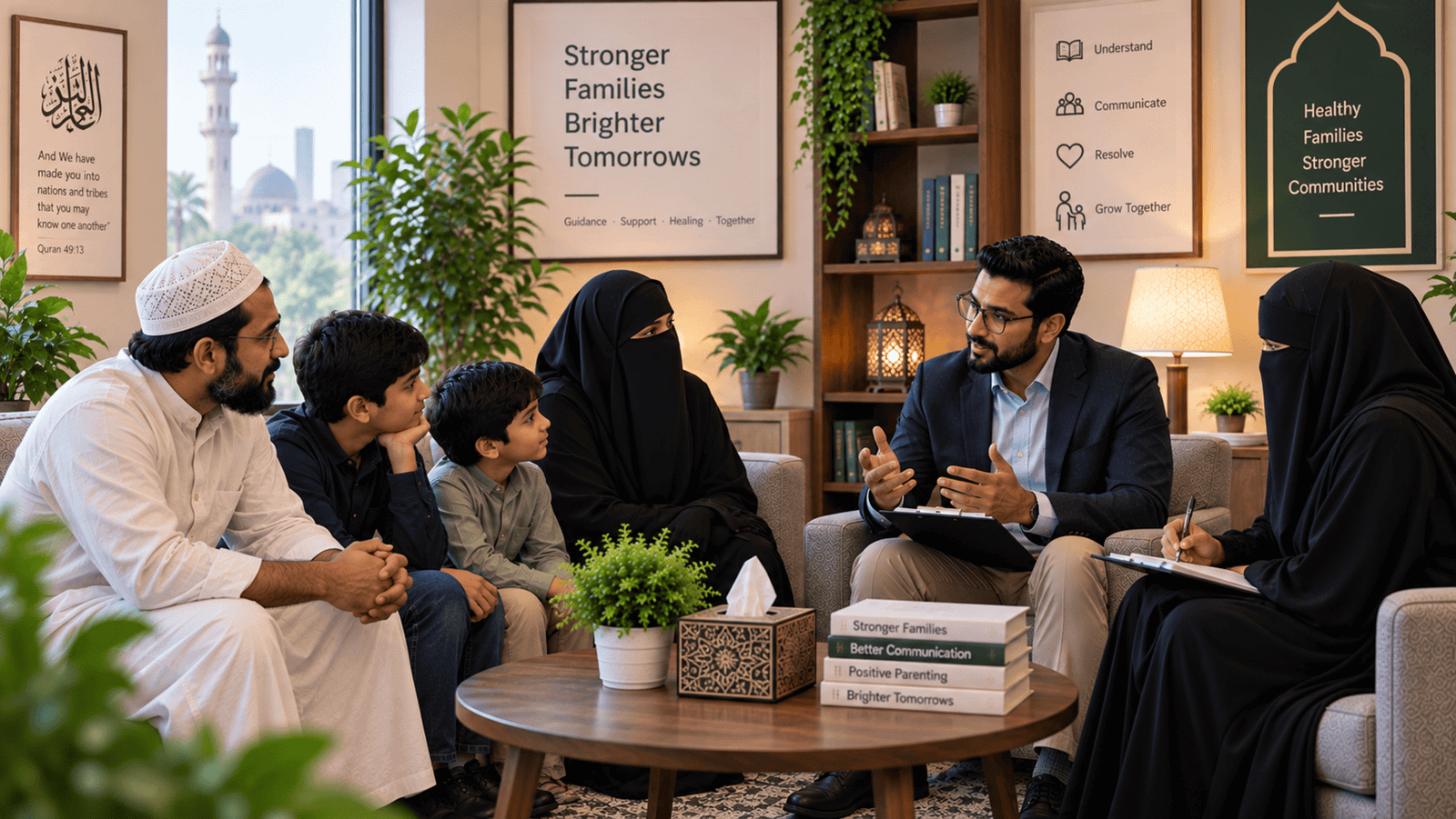 A family in a counselling session with a counsellor